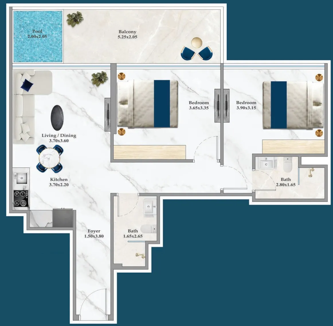 Timez 2 bed floor plan, 846 sqft