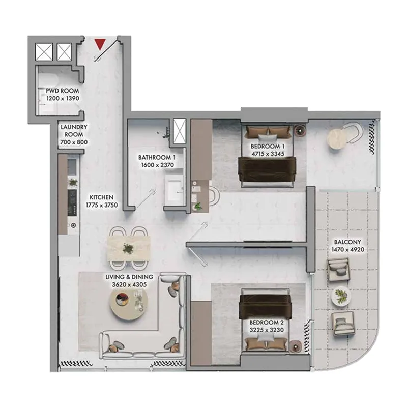 Elmora 2 bed floor plan, 667 sqft