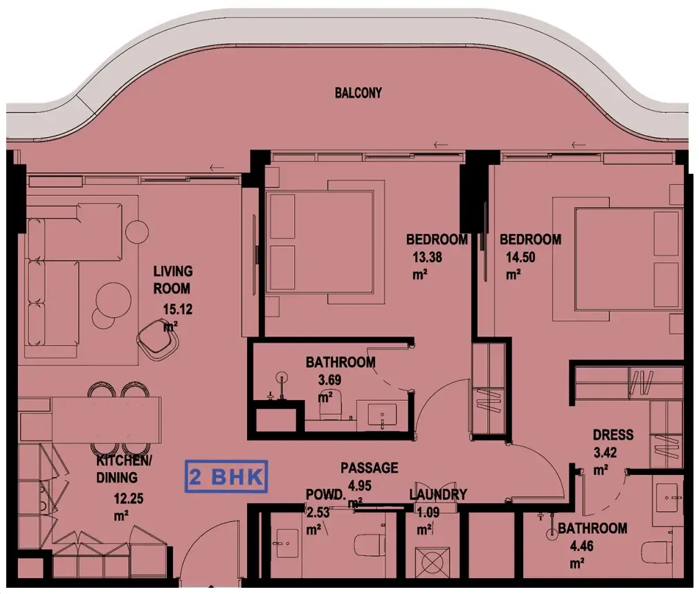 Marquis Horizon 2 bed floor plan, 1,100 sqft
