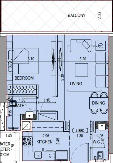 Binghatti Sky Terraces 1 bed floor plan, 720 sqft