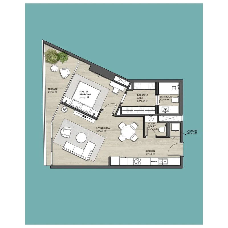 Vistal by Victoria Swarovski 1 bed floor plan, 827 sqft