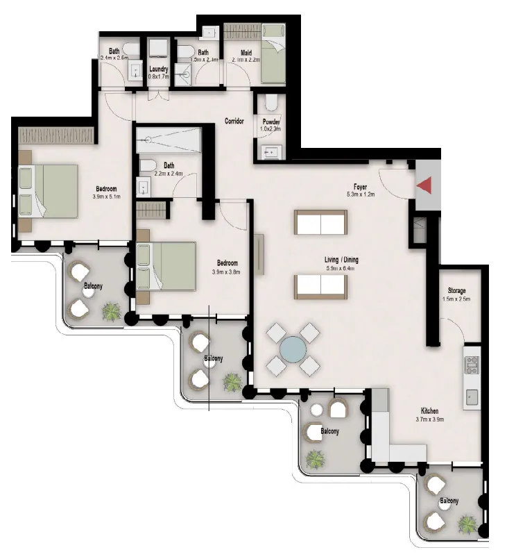 One B Tower 2 bed floor plan, 1,713 sqft