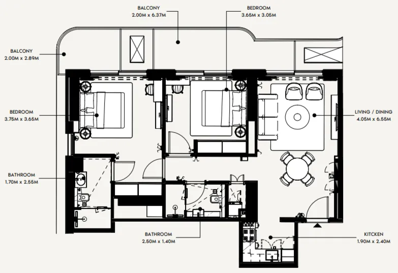 Azizi Wasel 2 bed floor plan, 1,098 sqft