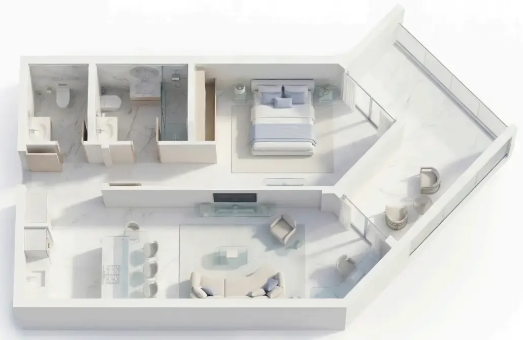 Ice Beach 1 bed floor plan, 880 sqft