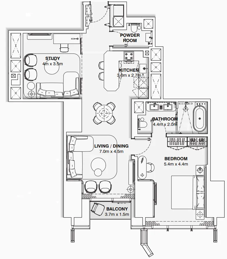 Burj Azizi 1 bed floor plan, 1,086 sqft