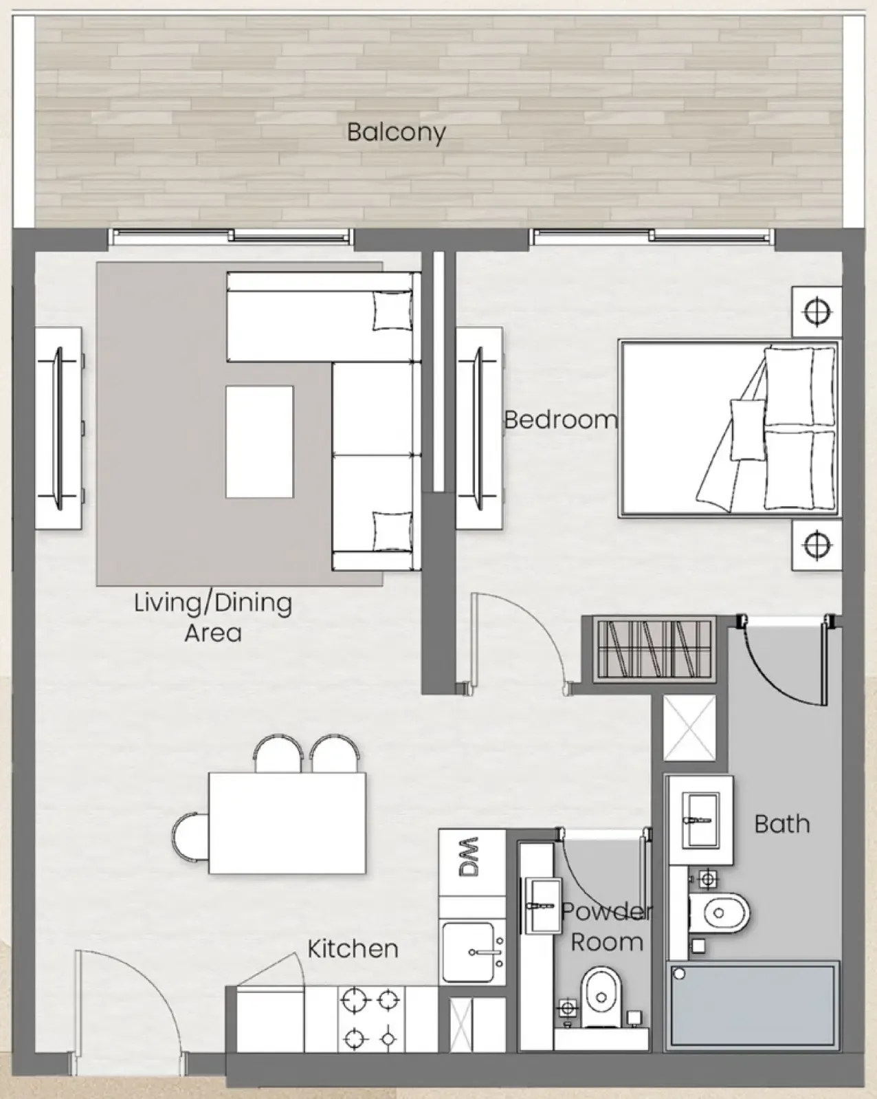 Beverly Park 1 bed floor plan, 741 sqft