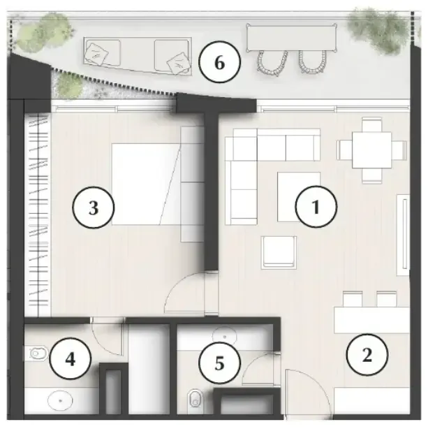 Lunaya Terraces 1 bed floor plan, 863 sqft