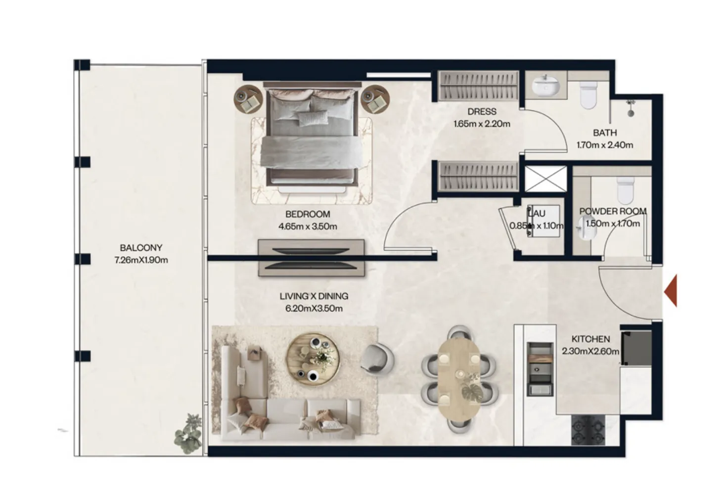 Norah Residence 1 bed floor plan, 836 sqft