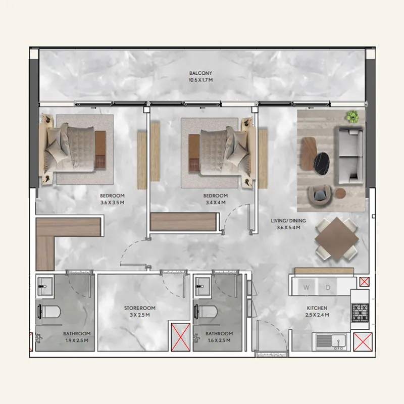 California Residences 2 bed floor plan, 1,158 – 1,159 sqft