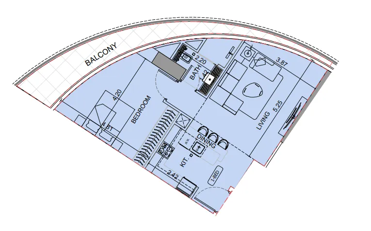 Binghatti Aquarise 1 bed floor plan, 784 sqft