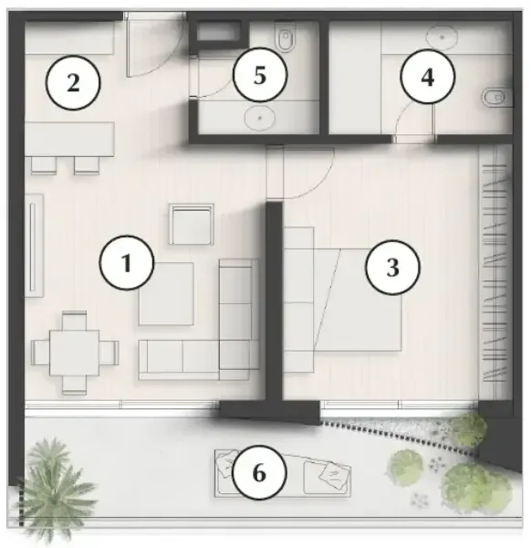 Lunaya Terraces 1 bed floor plan, 872 sqft