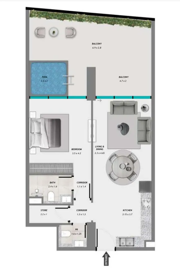 Samana Resorts 1 bed floor plan, 985 sqft