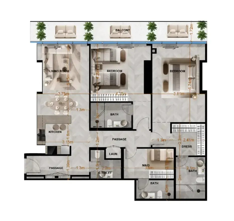 Radiant Terrace 2 bed floor plan, 1,538 – 1,571 sqft