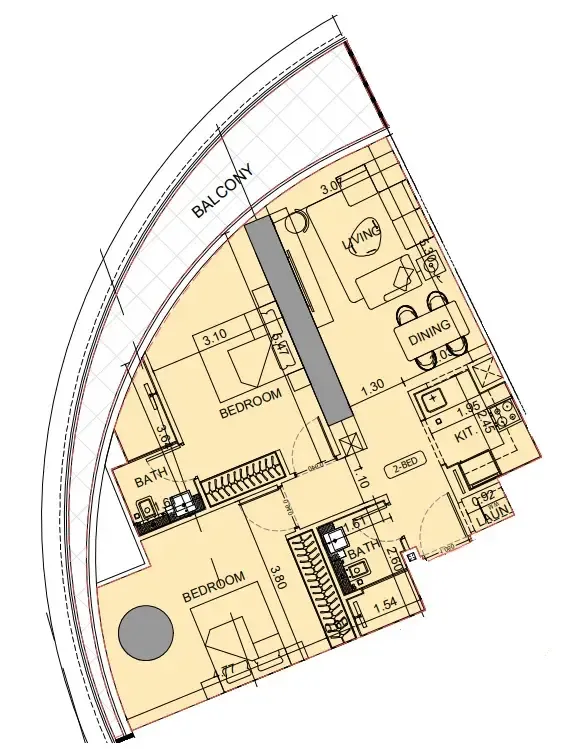 Binghatti Aquarise 2 bed floor plan, 1,048 sqft