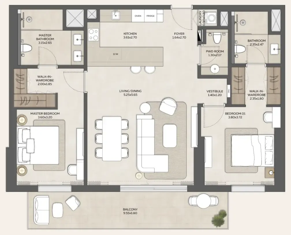 Expo Valley Views - Ghadeer 2 bed floor plan, 1,360 sqft