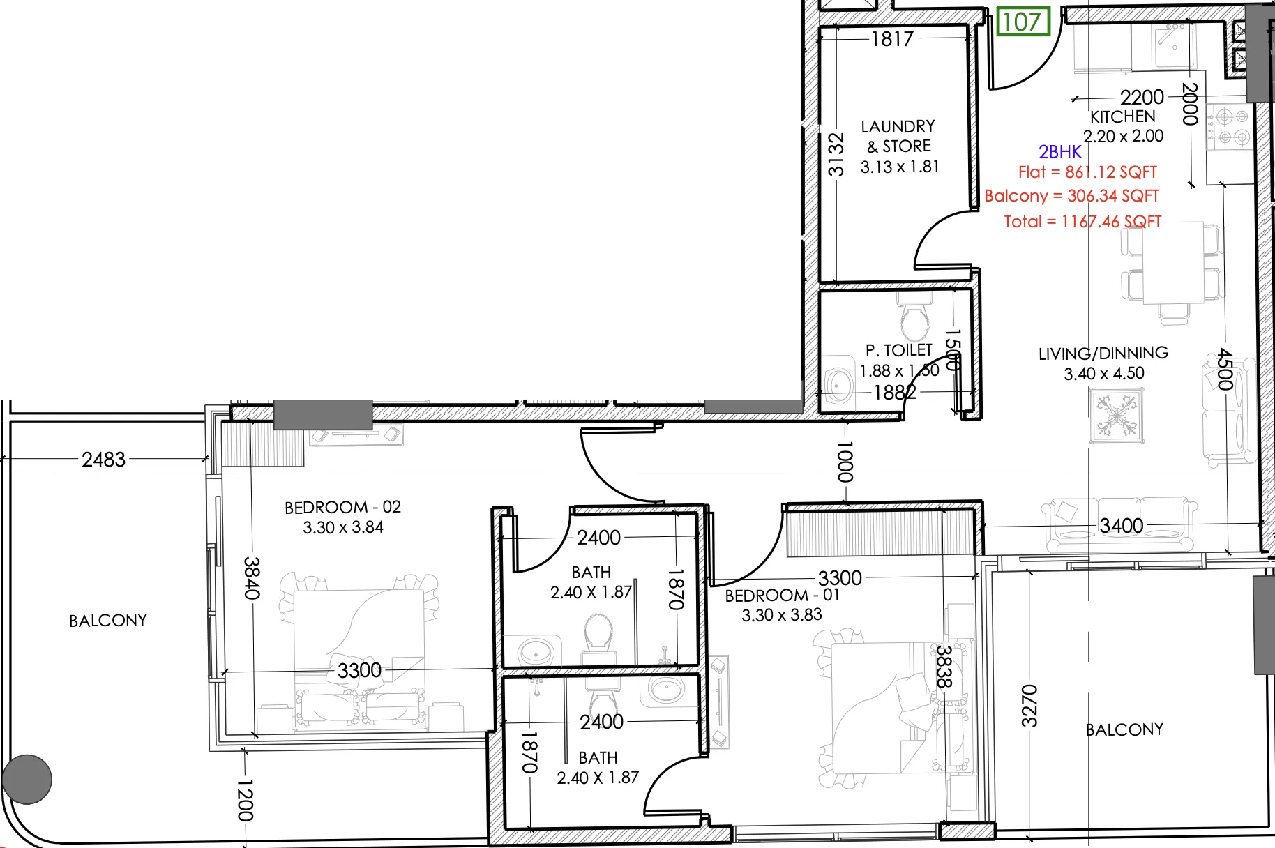 Terra Tower 2 bed floor plan, 1,153 sqft