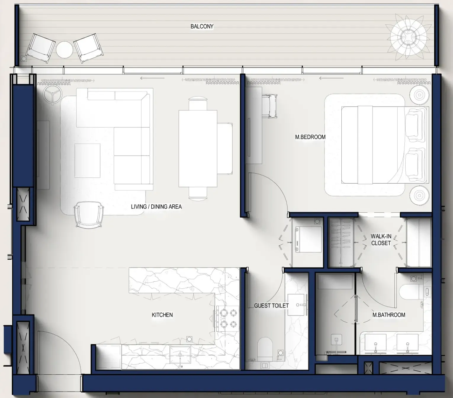 Hilton Residences 1 bed floor plan, 913 sqft