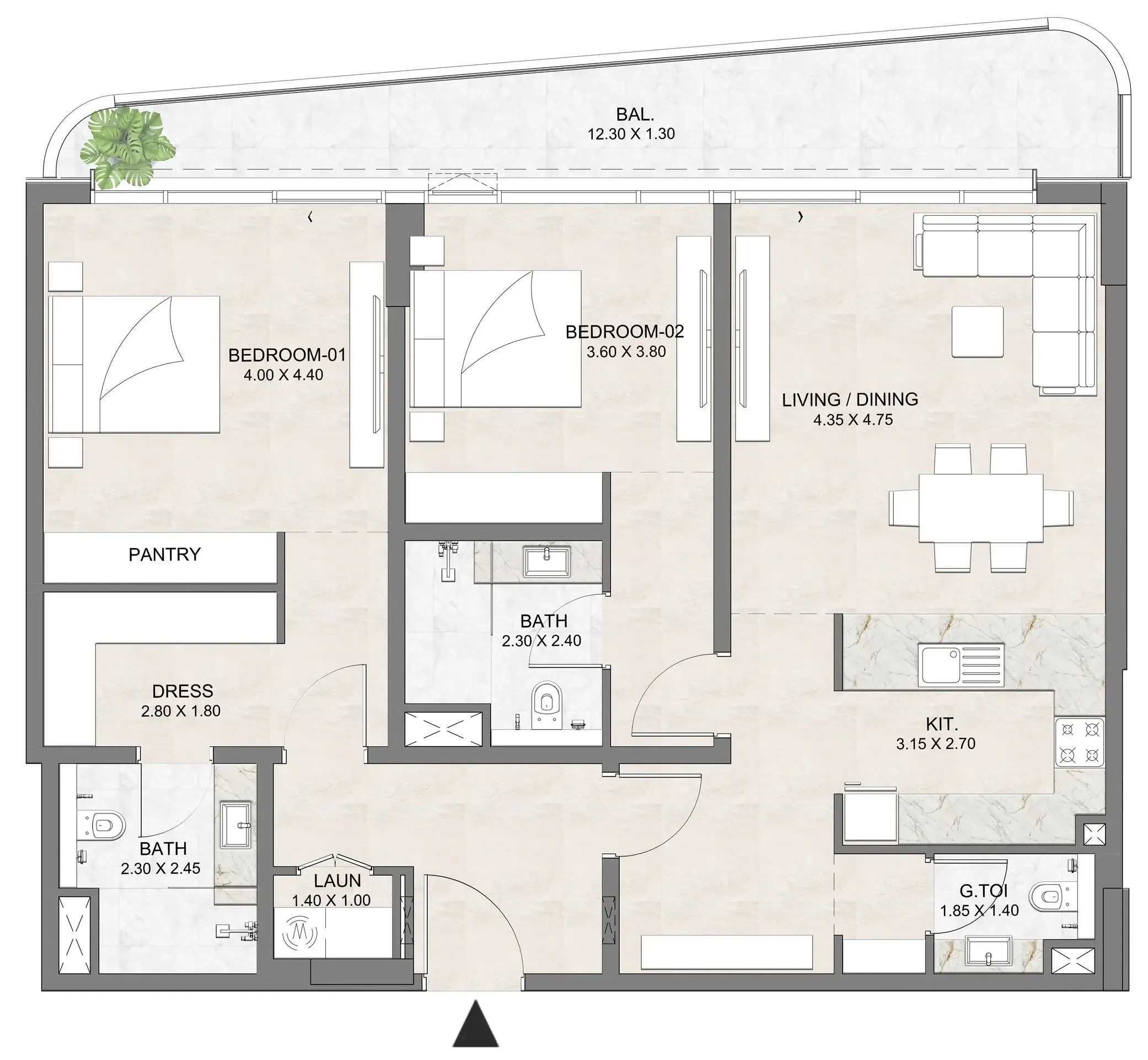 Luzora Residence 2 bed floor plan, 1,419 sqft