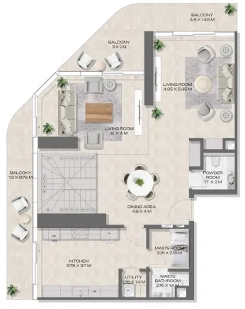 DWTN Residences 3 bed floor plan, 3,345 sqft