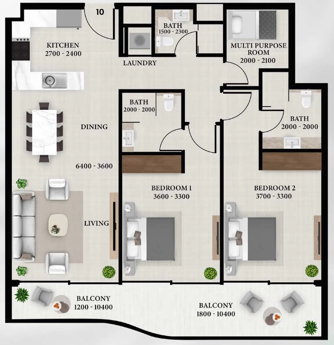 Avion Residence 2 bed floor plan, 1,202 sqft