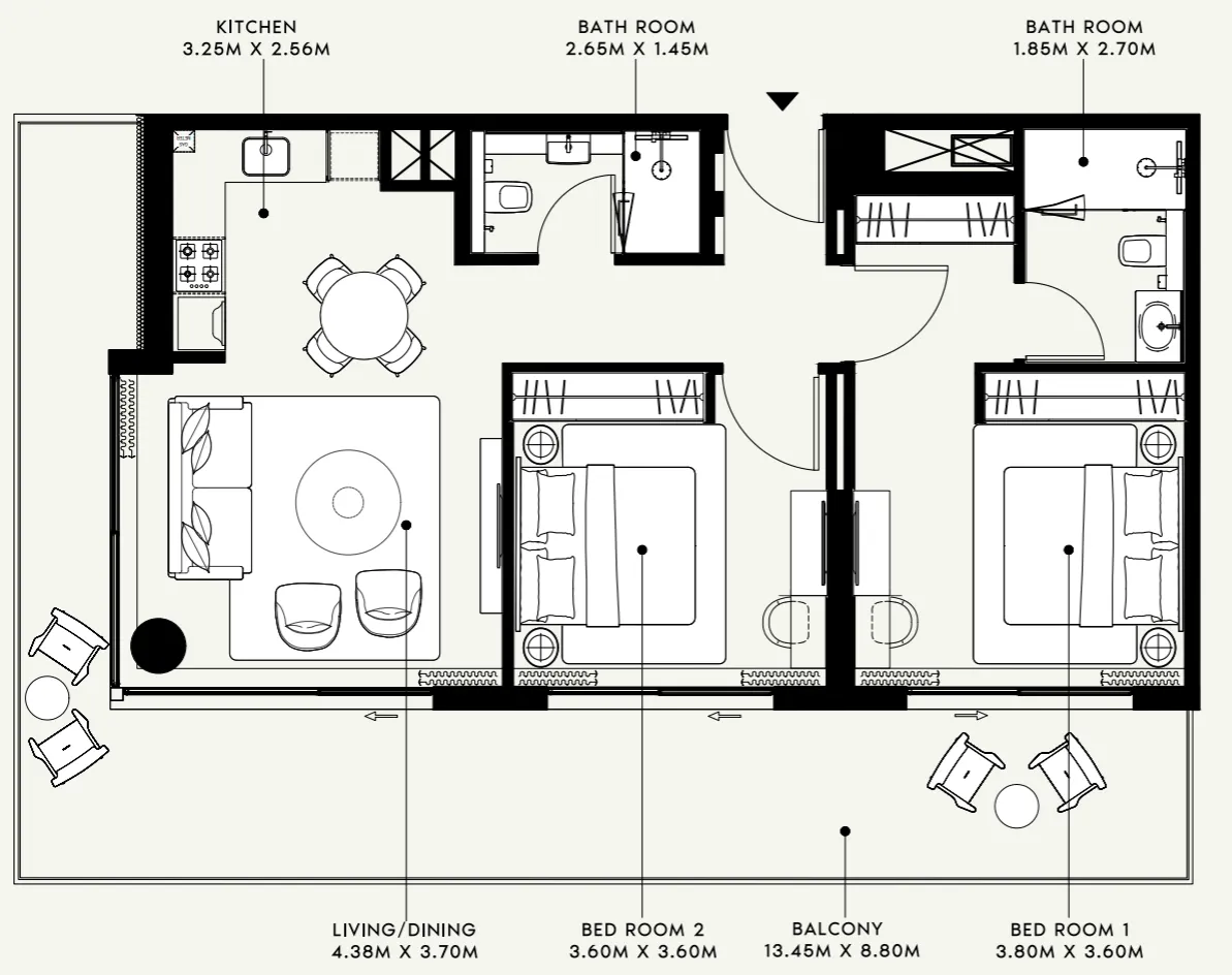 Azizi Venice 2 bed floor plan, 1,230 sqft