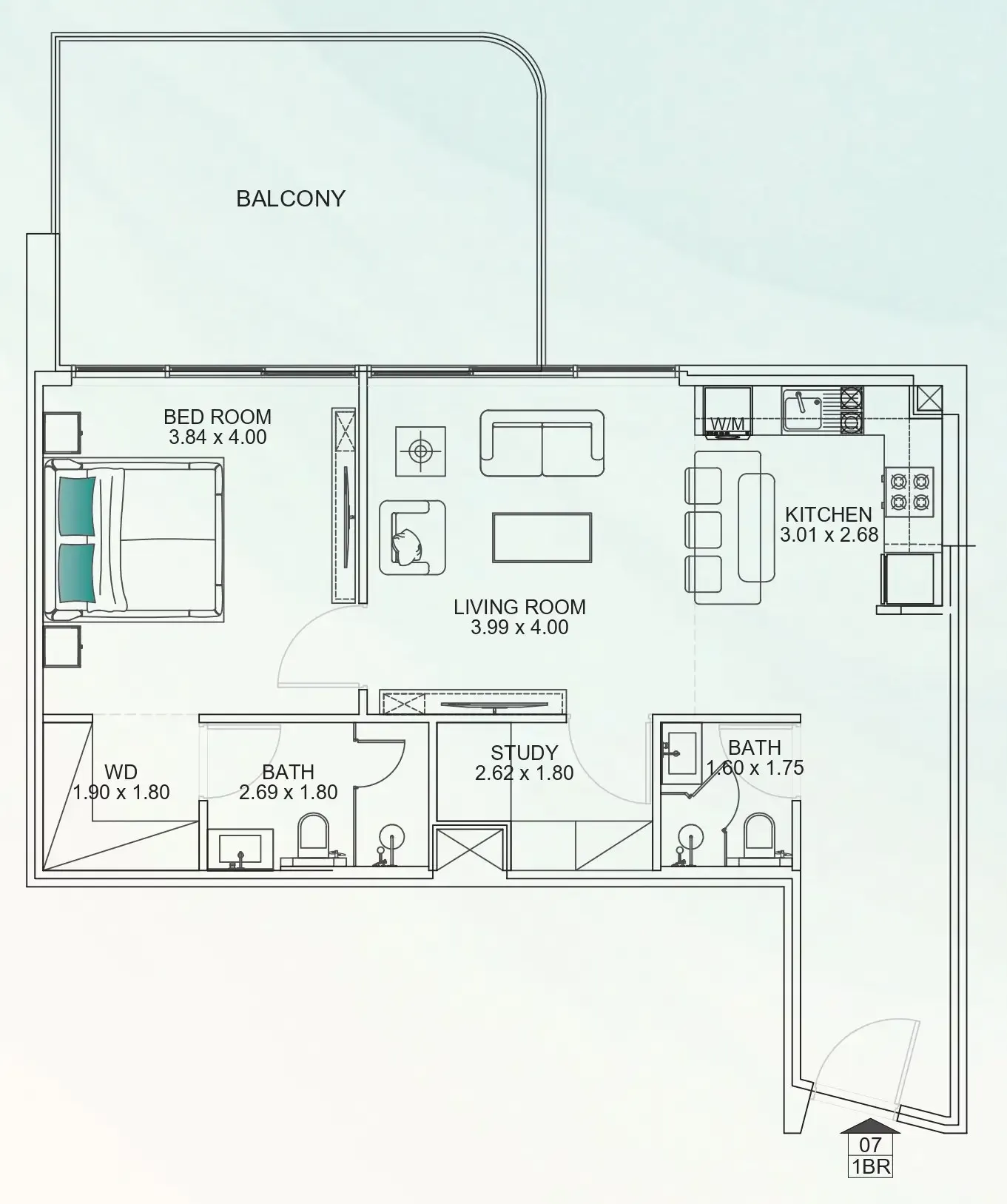 Floarea Breeze 1 bed floor plan, 1,049 sqft