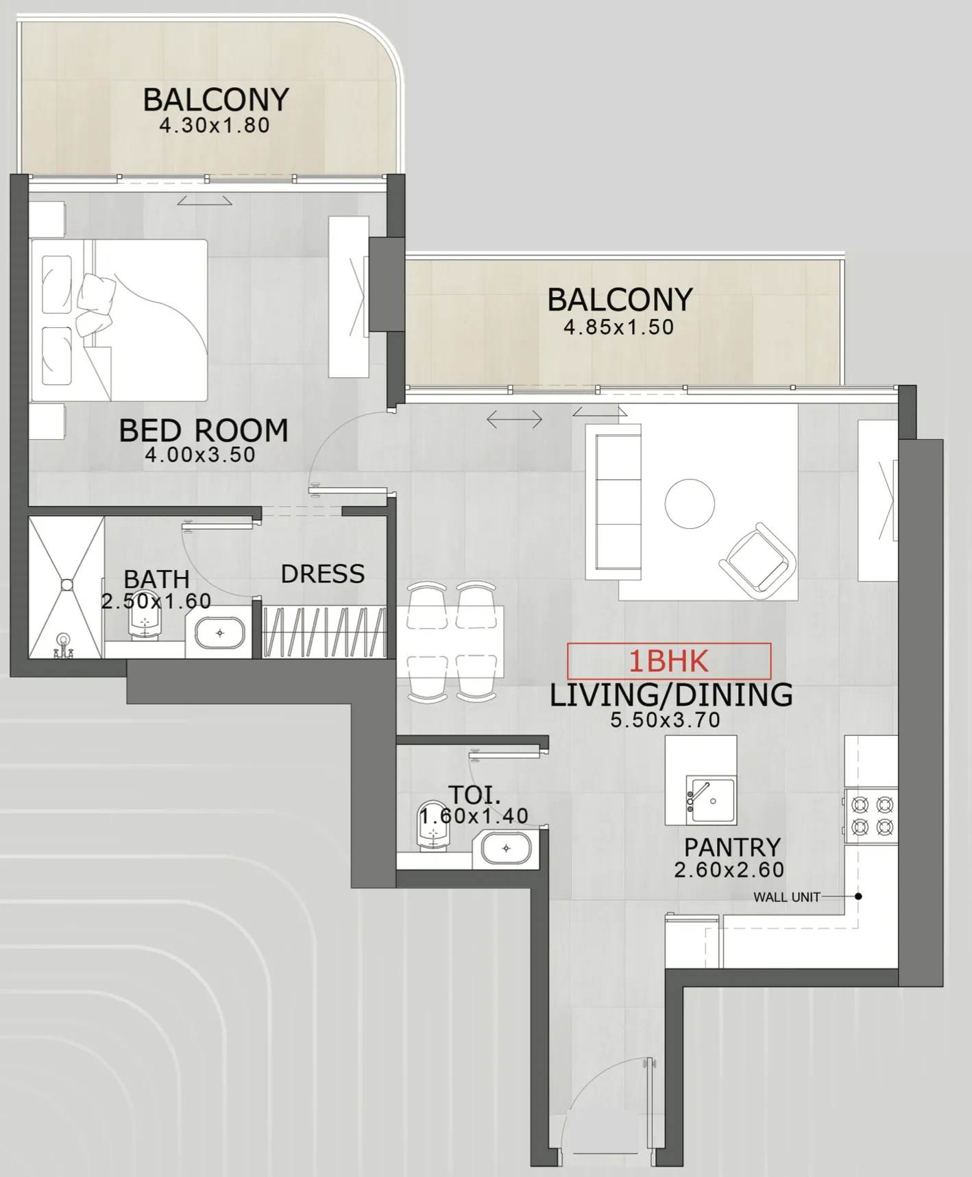 Floarea Skies 1 bed floor plan, 837 – 838 sqft