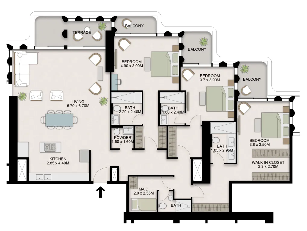 One B Tower 3 bed floor plan, 2,398 sqft