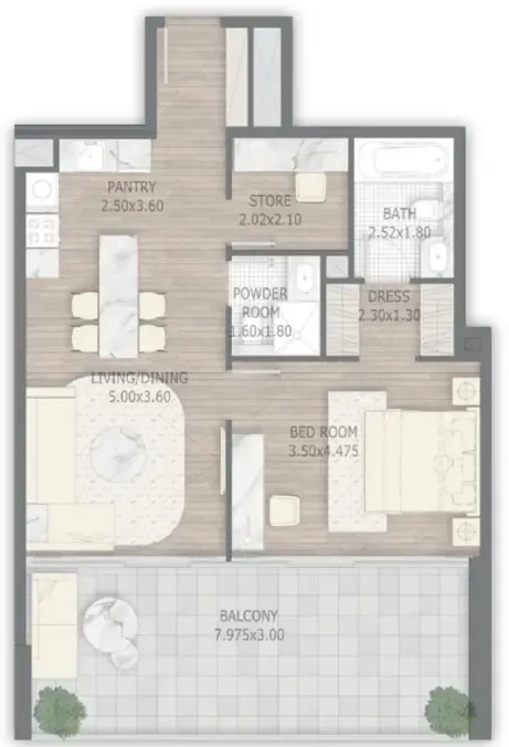 Stamn One 1 bed floor plan, 984 sqft