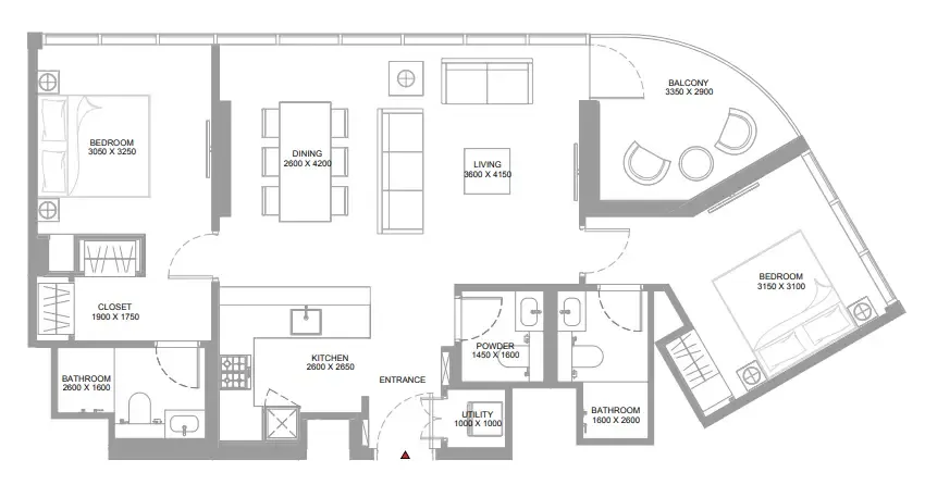 Pearlside Marina Residences 2 bed floor plan, 1,021 sqft
