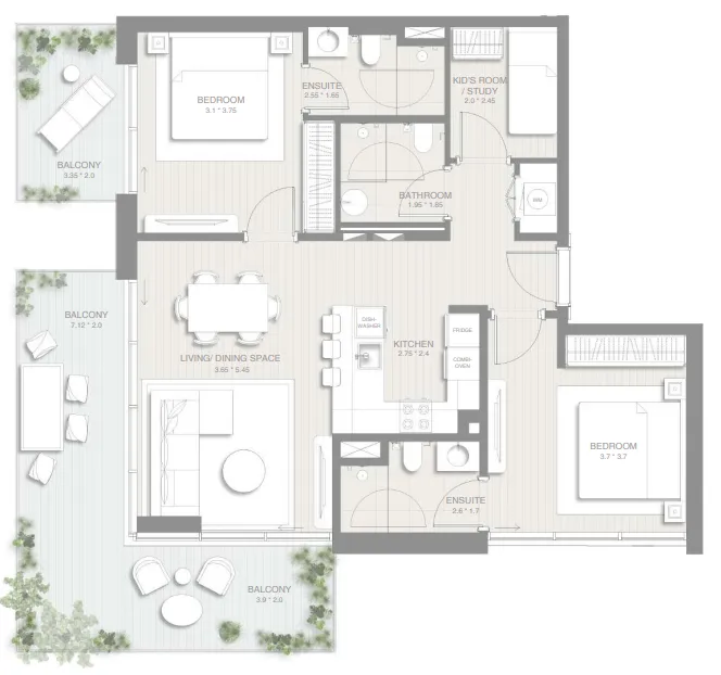 Sol Levante 2 bed floor plan, 1,250 sqft