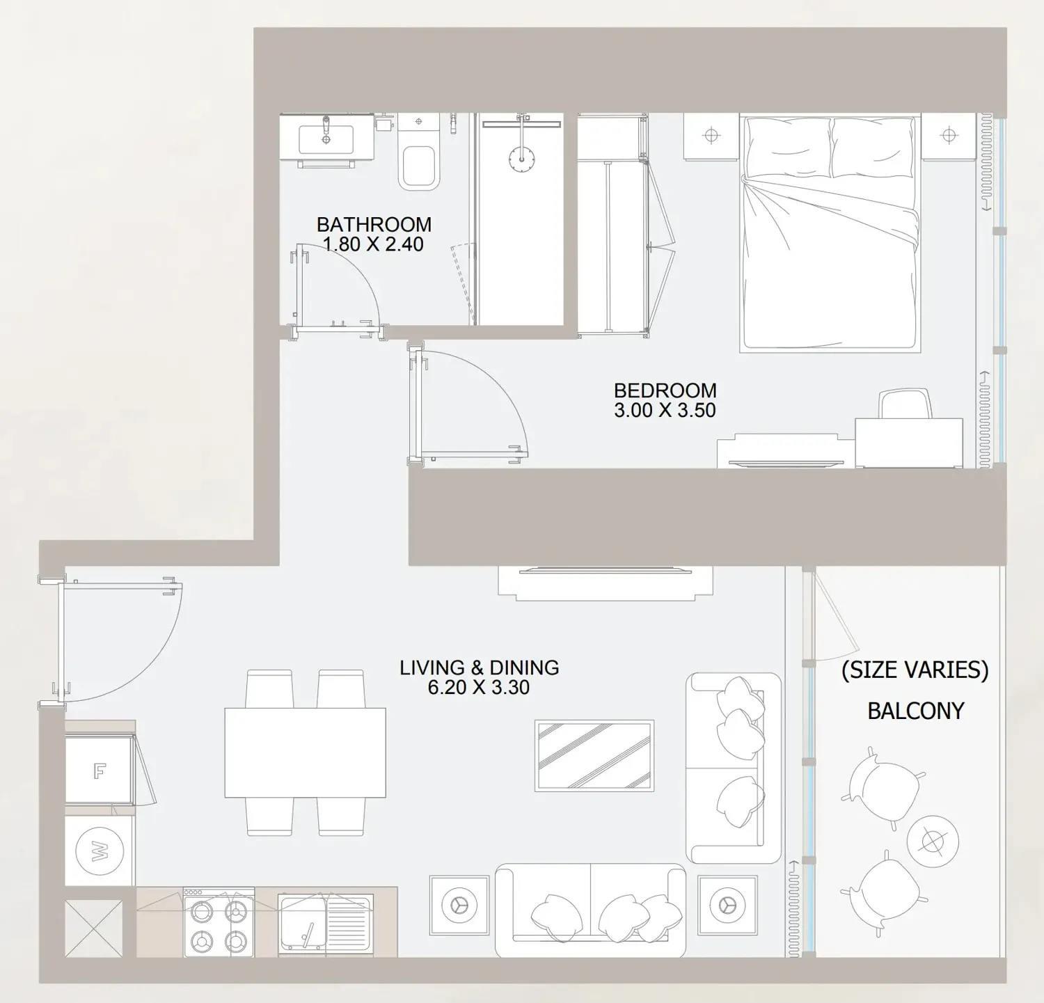 Vista 3 1 bed floor plan, 565 sqft