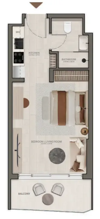 Stax Studio floor plan, 412 – 413 sqft