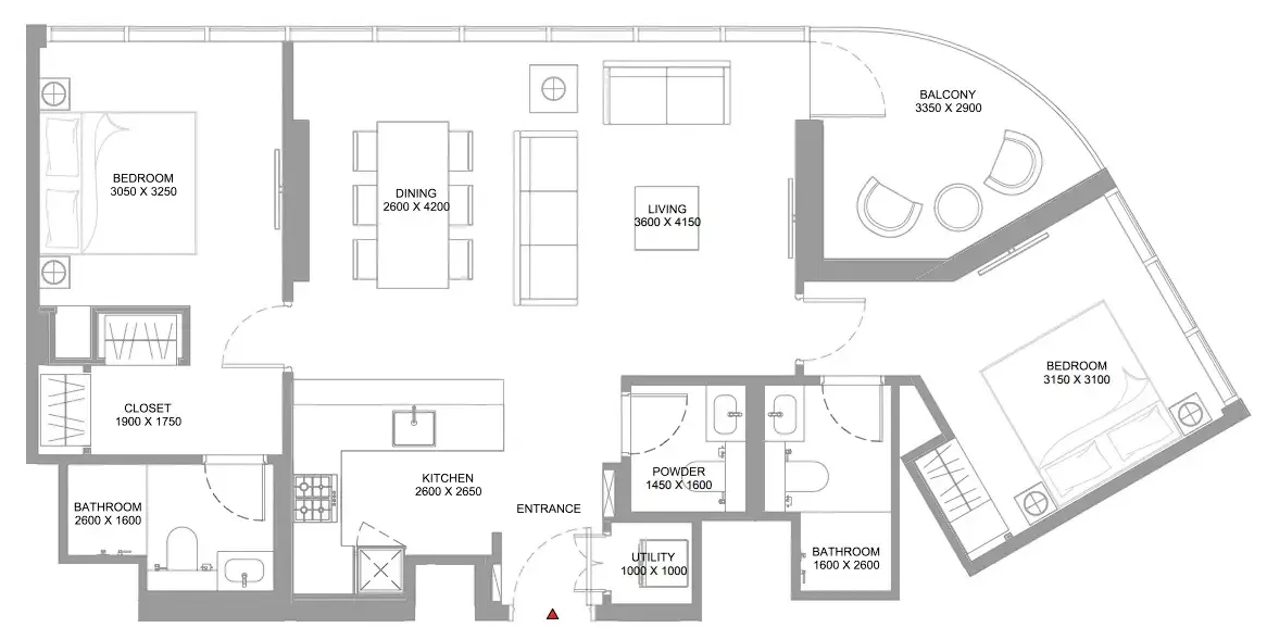 Bayfront Marina Residences 2 bed floor plan, 1,021 – 1,022 sqft