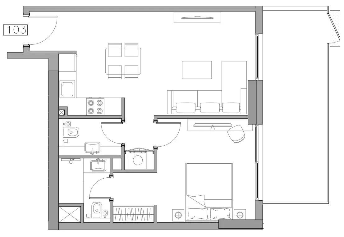 Trevino 1 bed floor plan, 731 sqft