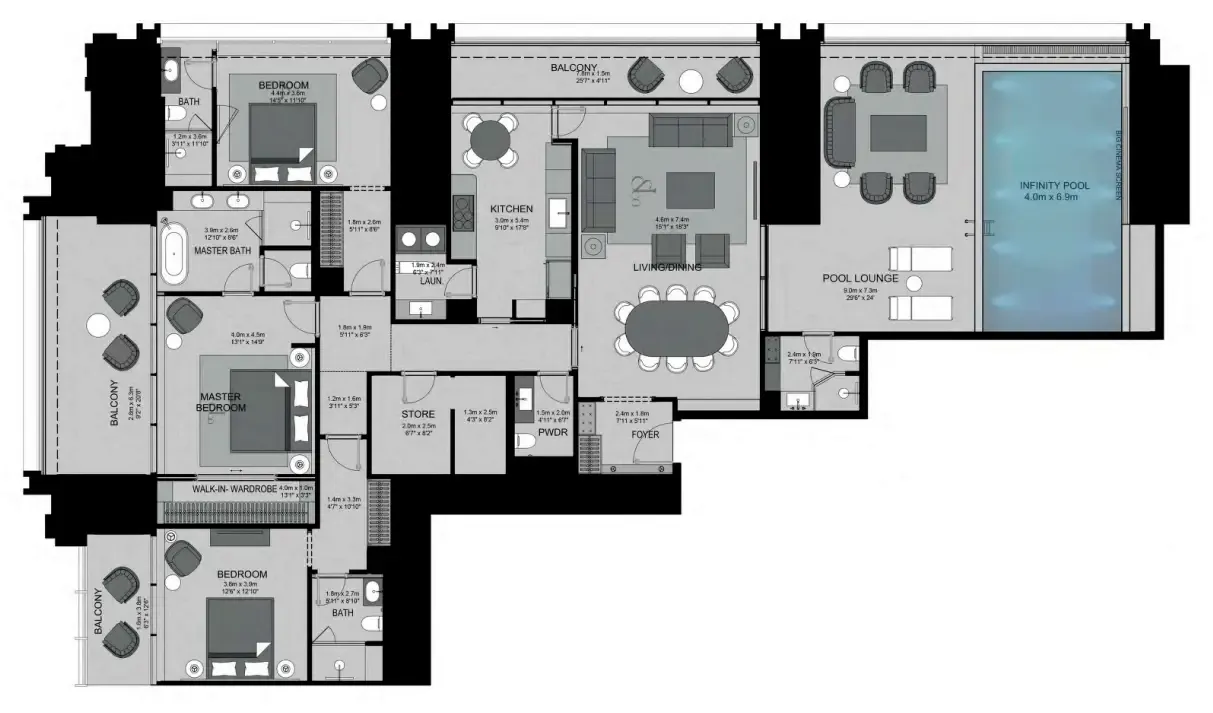 Burj Binghatti Jacob and Co Residences 3 bed floor plan, 3,264 sqft