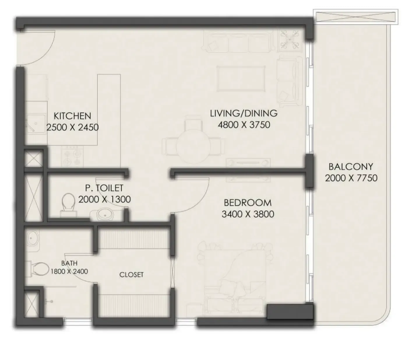 Park Residency 1 bed floor plan, 786 sqft