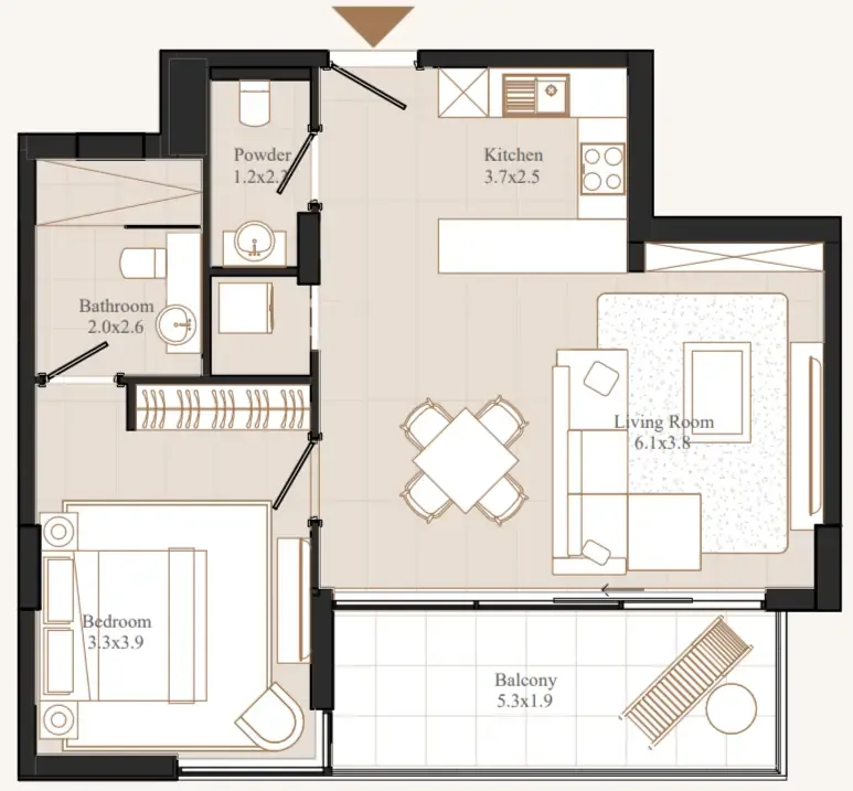 Flamingo LUX 1 bed floor plan, 798 sqft