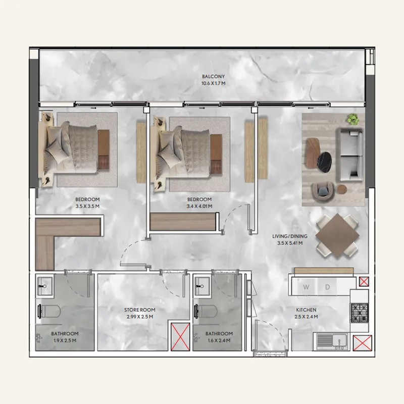 California Residences 2 bed floor plan, 1,158 – 1,160 sqft
