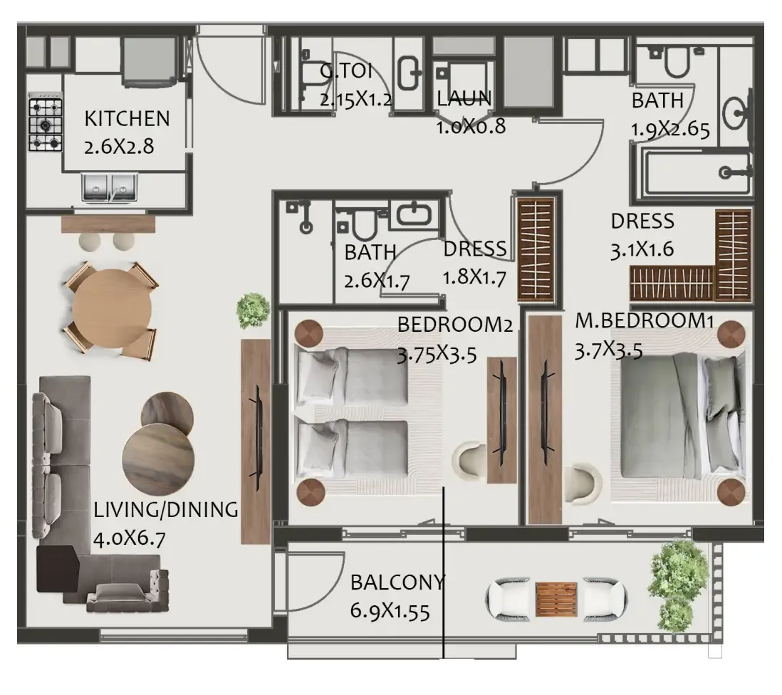 Hillside Residences 2 bed floor plan, 1,242 sqft