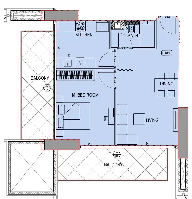 Binghatti Apex 1 bed floor plan, 905 sqft
