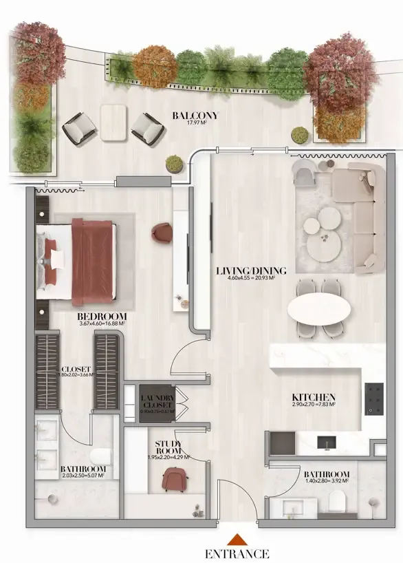 Gate Eleven by Amwaj Development 1 bed floor plan, 966 sqft