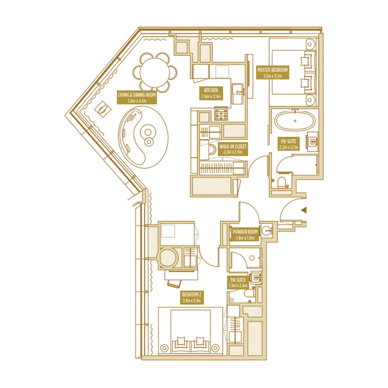 Uptown Tower 2 bed floor plan, 1,310 sqft