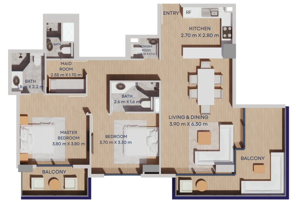 Manam Pearl 2 bed floor plan, 1,229 sqft