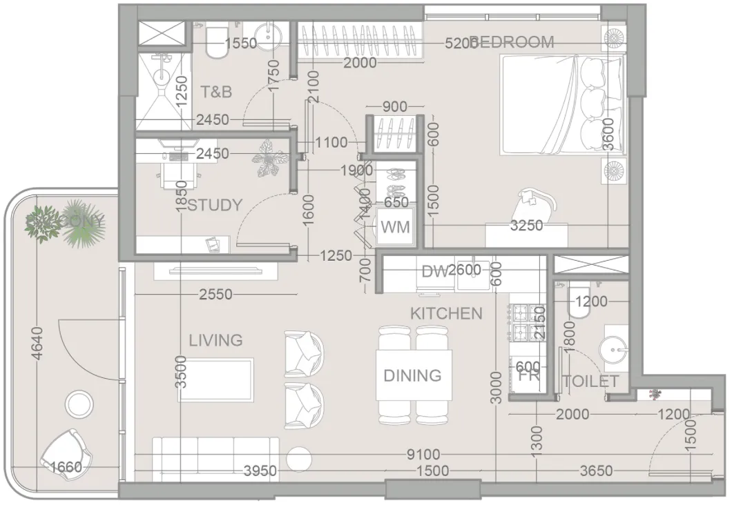 TETR1S Tower 1 bed floor plan, 775 sqft