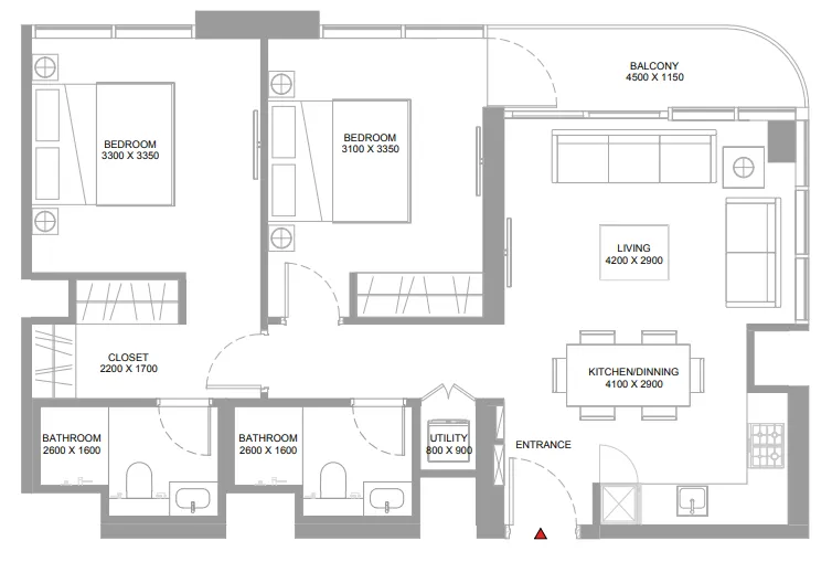 Pristine Beach Residences 2 bed floor plan, 863 sqft