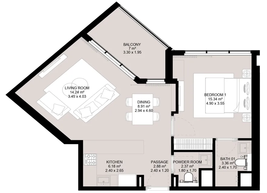 Aura Elite 1 bed floor plan, 737 sqft