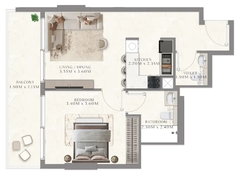 Aum 99 Residences 1 bed floor plan, 538 sqft