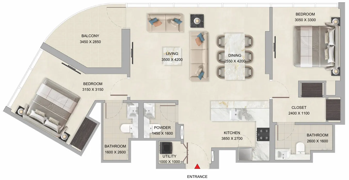 Tranquil Beach Residences 2 bed floor plan, 1,021 – 1,022 sqft