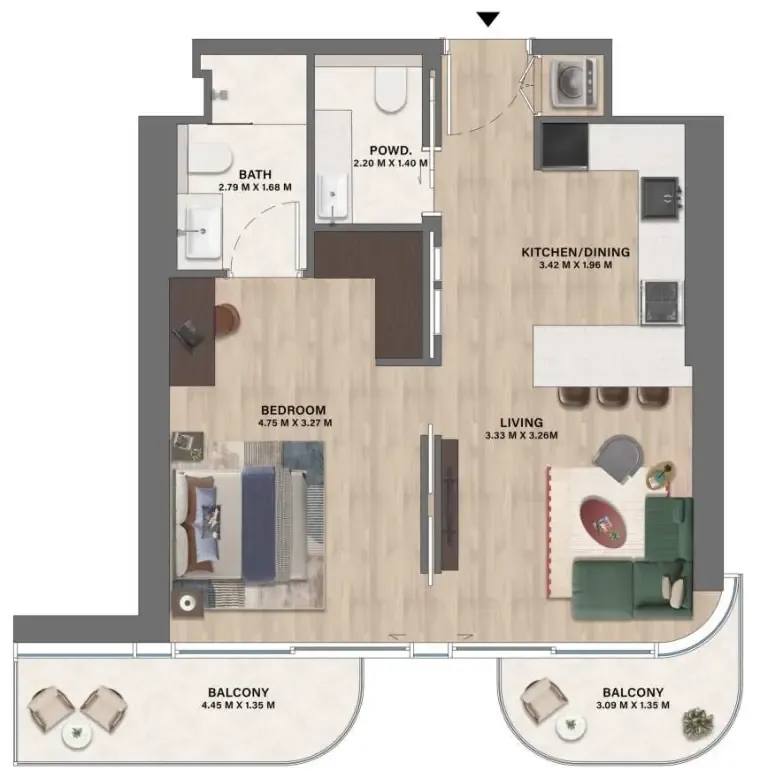 Mövenpick Residences Dubai Motor City Phase 1 1 bed floor plan, 709 – 712 sqft